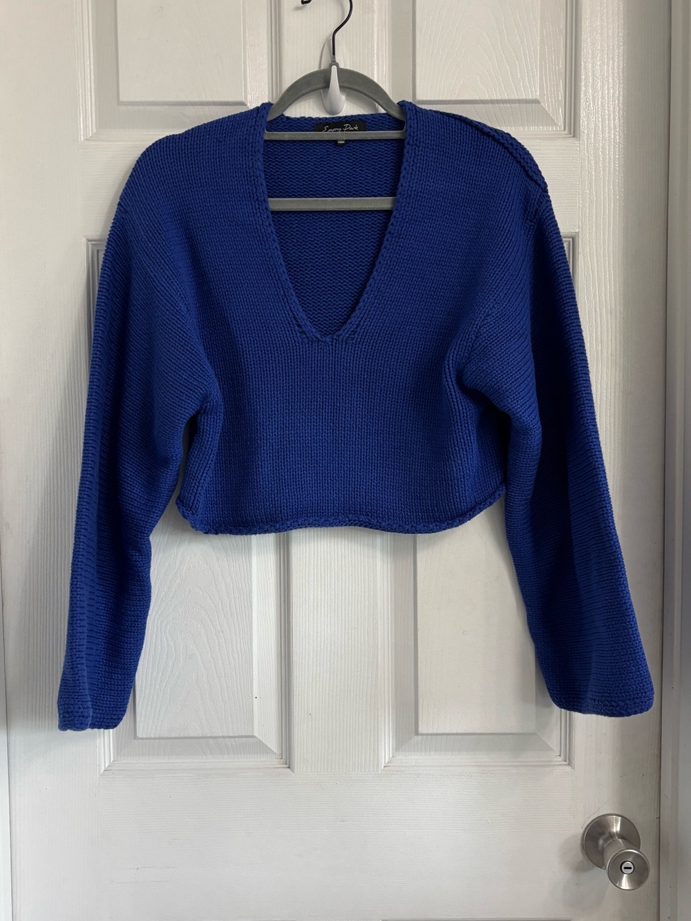Emory Park Fall Feels Blue Cropped Sweater Large Deep V-Neck Boxy Boho